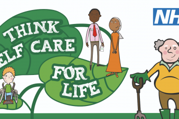 The poster for Self Care Week. It shows people looking after themselves, withe text of leaves saying "think self care for life".